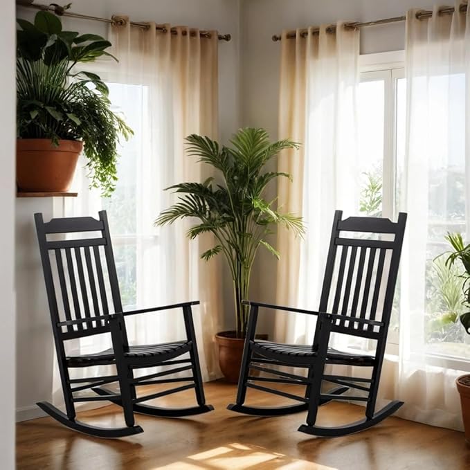 Patio Black Outdoor Rocking Chairs Set of 2 Black Wooden Porch Rockers Furniture for Audlt Indoor Outside Balcony Garden Backyard Lawn Bistro and Lounge