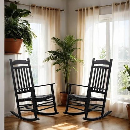 Patio Black Outdoor Rocking Chairs Set of 2 Black Wooden Porch Rockers Furniture for Audlt Indoor Outside Balcony Garden Backyard Lawn Bistro and Lounge