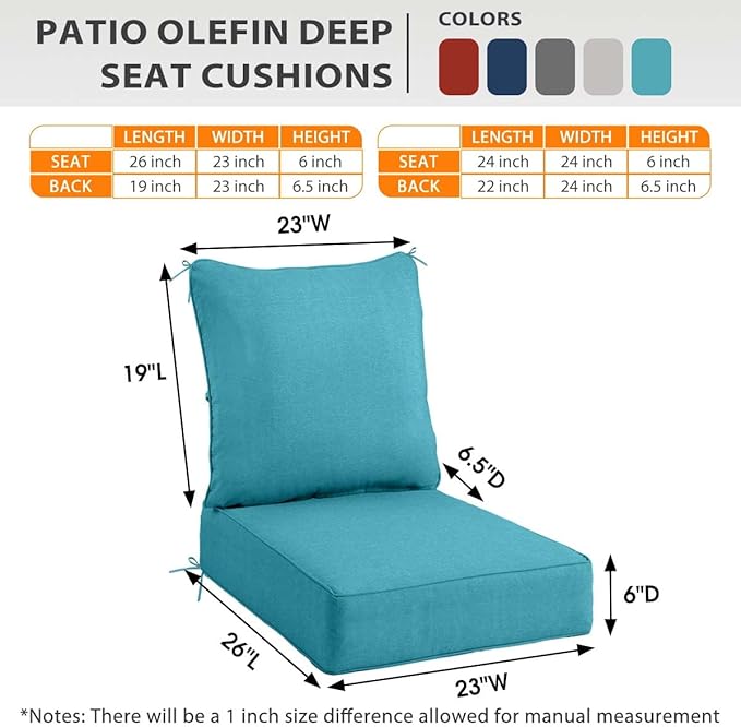 Sundale Outdoor Olefin Deep Seat Cushion Set of 2, Patio Chair Cushion and Pillow, Water-Resistant Sectional Sofa Pad with Straps Teal, 23 x 26 x 6 Inches