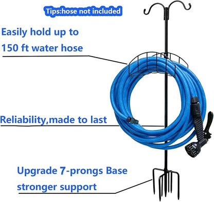 2-Pack Heavy Duty 7-Prong Garden Hose Holder with Dual Hooks | Freestanding Heavy Duty Garden Hose Stand,150FT Capacity Outdoor Yard Organizer for Bird Feeder and Plant Hanging