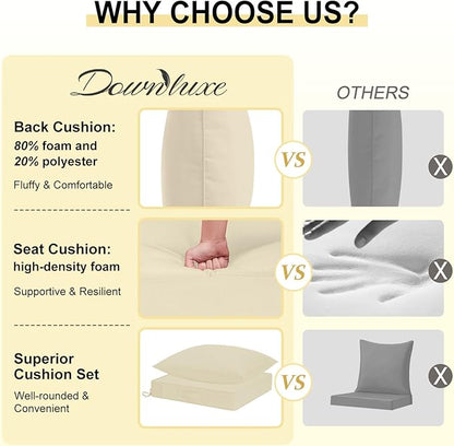 downluxe Outdoor Chair Cushions 24x24 with Removable Cover, Waterproof Patio Furniture Cushions, Deep Seat Cushions for Outdoor Furniture with Backrest for Sofa, Couch and Patio Chairs, Beige
