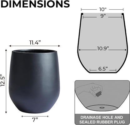 12.5"H x 11.4"D Corso Fiberstone Round Tapered Planter, Christmas Tree Planter, Smooth Finishes, Weather Resistant for Indoor & Outdoor Use, Included 2 Extra Coco Mats (Black,9" Pot Opening)