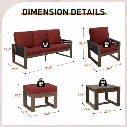 Rustic Hideaway Natural Cedar Wood Outdoor Furniture Set, Wicker Patio Conversation Set for Porch Garden Backyard, Couch, 2 Patio Chairs, Side Table and 2 Ottomans, 6 Piece, Brownish/Red
