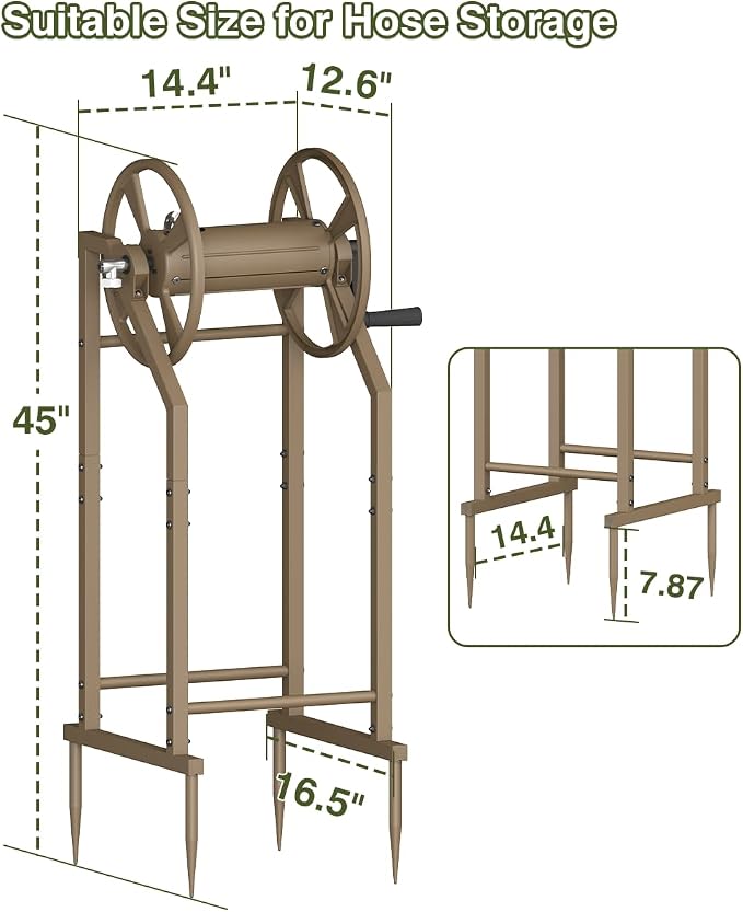 4-Spike Garden Hose Reel with 3.9ft Leader Hose & Stainless Fitting, Outdoor Hose Holder holds 125ft Hose of 5/8", Freestanding Metal Hose Stand for Outside Yard Lawn, Brown