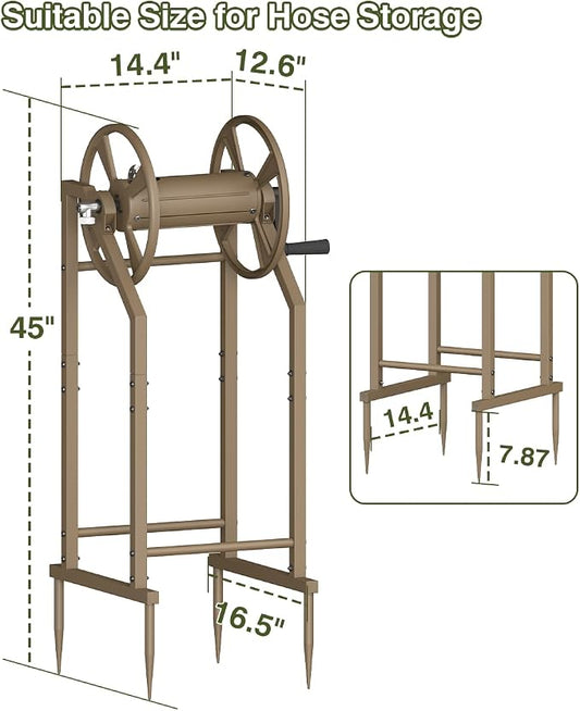 4-Spike Garden Hose Reel with 3.9ft Leader Hose & Stainless Fitting, Outdoor Hose Holder holds 125ft Hose of 5/8", Freestanding Metal Hose Stand for Outside Yard Lawn, Brown