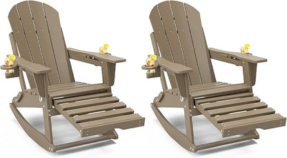 Adirondack Rocking Chairs Set of 2 with Retractable Ottoman, All Weather Folding Adirondack Chair with Two Cup Holders, Adirondack Outdoor Rocking Chairs for Porch, Patio, Balcony. Brown