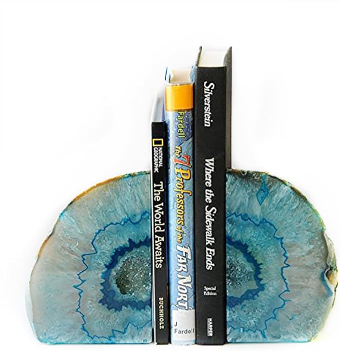 JIC Gem Teal Agate Bookends Heavy Duty Book Ends for Shelves Geode Book Ends with Rubber Bumpers for Office Décor and Home Decoration(1 Pair, 2-3 LBS)