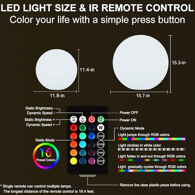 12-in LED Glowing Ball Light, Rechargeable LED Globe Orb Light w/Remote (1PC) and 16-in Cordless LED Globe Orb Night Light, 16 RGB Colors Changing Waterproof Light Up Ball w/Remote (1PC)