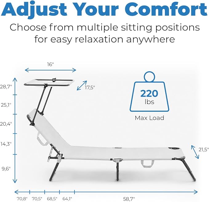 Folding Outdoor Lounge Chair with Canopy - Portable & Adjustable Beach Lounge Chair - 5-Positions, Carry Handles, 600D Fabric, 220 lbs Capacity – Tanning Chaise Lounge for Beach, Patio, Lawn