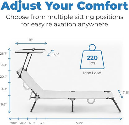 Folding Outdoor Lounge Chair with Canopy - Portable & Adjustable Beach Lounge Chair - 5-Positions, Carry Handles, 600D Fabric, 220 lbs Capacity – Tanning Chaise Lounge for Beach, Patio, Lawn