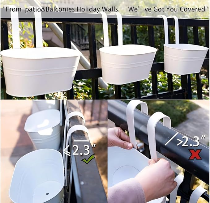 3 Pack Metal Iron Plant Pot Holders Balcony Garden Plant Planter Baskets Fence Bucket Pot Bucket Flower Holders Wall Hanging Decor Pot with Detachable Hooks