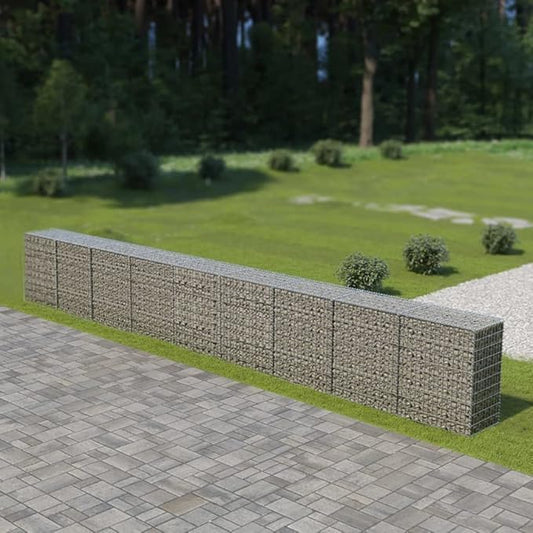 Galvanized Steel Gabion Wall with Covers, Gabion Mesh Wire Wall Panel Galvanized Steel Garden Stone Wire Basket Fencing Patio Decorative Fence, 354"x19.7"x39.4",-187
