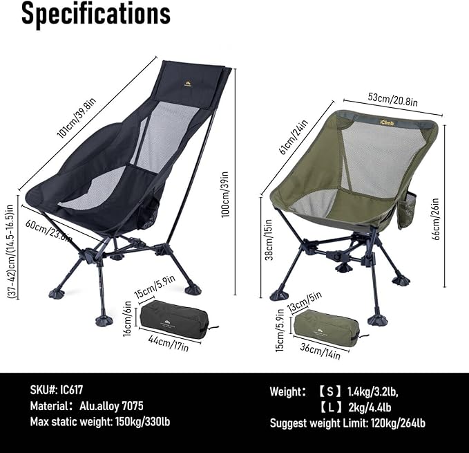 iClimb Ultralight Compact Camping Folding Beach Chair with Anti-Sinking Large Feet and Back Support Webbing (Black - Triangular Frame)