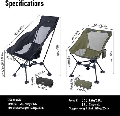 iClimb Ultralight Compact Camping Folding Beach Chair with Anti-Sinking Large Feet and Back Support Webbing (Green - Triangular Frame - 2PC)