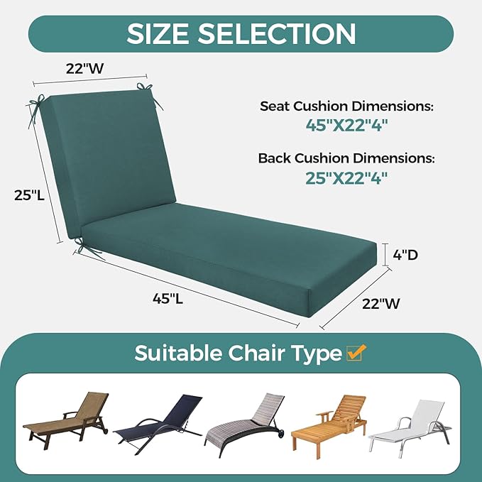 Outdoor Chaise Lounge Cushion Set of 2- Waterproof & Fade Resistant Patio Lounger Cushions with Removable Cover for Pool, Deck, Lawn .70 x 22 x 4 Inch (Green)
