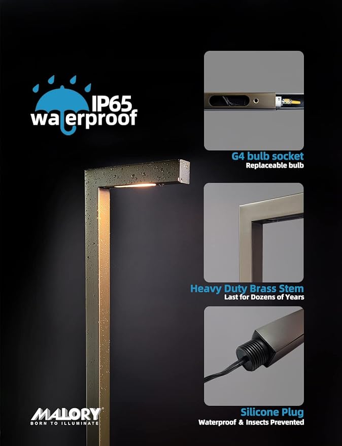 MALORY Low Voltage Landscape Path Lights with G4 Bulb(21.87" H),9-17V Brass Low Voltage LED Pathway Lights Outdoor,2700K Waterproof Landscape Lighting for Garden,Walkway,Driveway,Patio or Yard(P02)