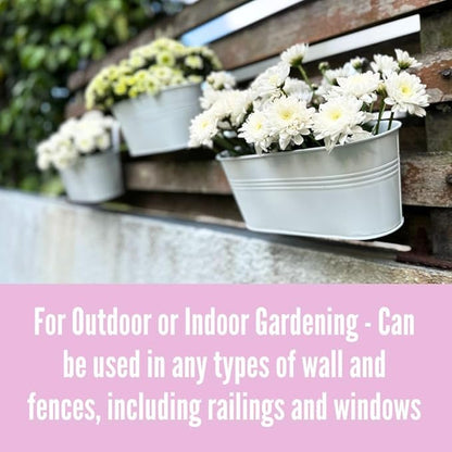 LaLaGreen Rail Planters for Outdoor (4 Pack, 11.2 Inch) White Metal Iron Hanging Flower Pots, Deck Railing Fence Bucket Strawberry Planter Wall Mount Window Box Plant Holder with Hooks Porch Decor