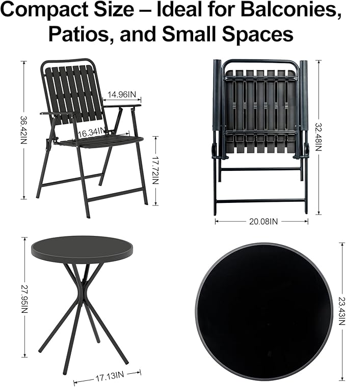 3 Piece Outdoor Bistro Set, Patio Table and Chairs Set of 2, Small Balcony Furniture with Glass Top Table, Folding Bistro Patio Set for Garden, Deck, Porch, Black Outdoor Furniture