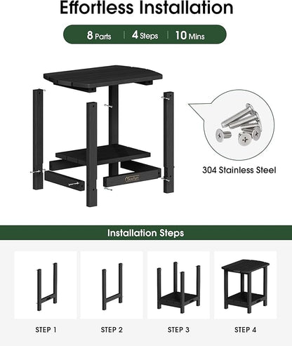 Outdoor Side Table – 2-Tier HDPE Adirondack Side Tables, Sturdy Small Outdoor Porch Tables, Weather-Resistant & Easy Assembly Patio End Table for Garden, Balcony, Porch & Poolside (Black)