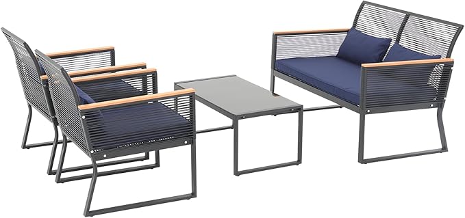 Patiorama 4 Piece Patio Furniture Set, Outdoor Wicker Bistro Set, All-Weather Black PE Rattan Conversation Set w/Coffee Table, Loveseat, Wood-Like Armrest, Cushions for Garden Balcony Deck, Navy Blue