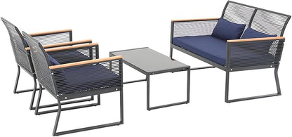 Patiorama 4 Piece Patio Furniture Set, Outdoor Wicker Bistro Set, All-Weather Black PE Rattan Conversation Set w/Coffee Table, Loveseat, Wood-Like Armrest, Cushions for Garden Balcony Deck, Navy Blue
