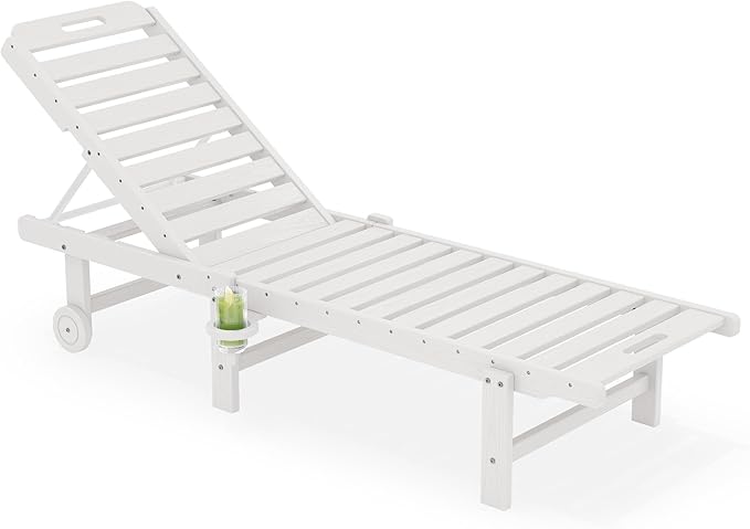 SERWALL Patio Chaise Lounge, 78" Length Outdoor Lounge Chair with 5 Positions Adjustable Backrest, HDPE Lounge Chair with Rolling Wheels & Cup Holder for Poolside, Beach, Garden, White