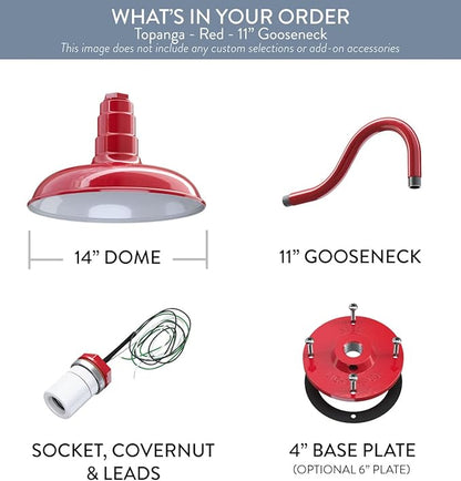 Steel Lighting Co. Topanga Barn Light | Outdoor Wall Mounted | Farmhouse Garage Light Made in America | 14 inch Dome | 11 inch Gooseneck | Red Exterior/White Interior