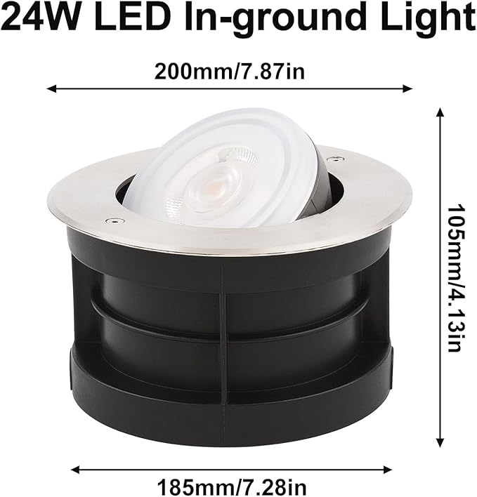 Angle-Adjustable Inground Light for Gardens-Outdoor LED Well Lights,Landscape Pathway In-Ground Lighting Fixtures,Buried lamp,Low Voltage,IP65, Stainless Steel(24 Watts)