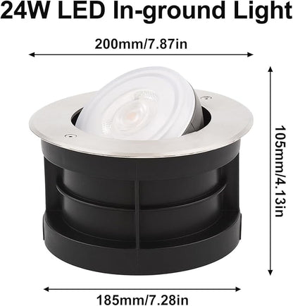 Angle-Adjustable Inground Light for Gardens-Outdoor LED Well Lights,Landscape Pathway In-Ground Lighting Fixtures,Buried lamp,Low Voltage,IP65, Stainless Steel(24 Watts)