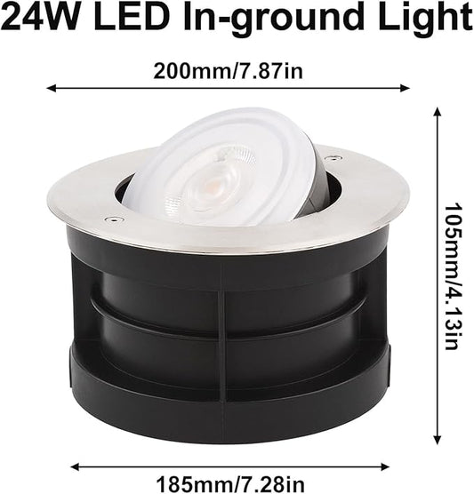 Angle-Adjustable Inground Light for Gardens-Outdoor LED Well Lights,Landscape Pathway In-Ground Lighting Fixtures,Buried lamp,Low Voltage,IP65, Stainless Steel(24 Watts)