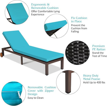 Tangkula Patio Chaise Lounge Chair, Outdoor Rattan Lounger Recliner Chair with Wheels, Wicker Chaise Chair W/Cushioned Seating, Recliner 5-Position Adjustable for Garden Patio Poolside (2, Turquoise)