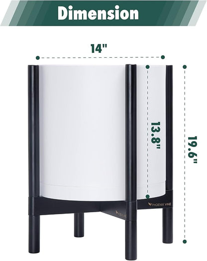 D'vine Dev Planter Pot with Stand - 14 Inch Plastic Cylinder Flower Pot with Wood Planter Holder for Indoor, Matte White Pot + Ebony Stand, 55-C-T-1