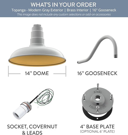 Steel Lighting Co. Topanga Barn Light | Outdoor Wall Mounted | 14 inch Dome | 16" Gooseneck | Farmhouse Garage Light Made in America | Modern Gray Exterior/Brass Interior