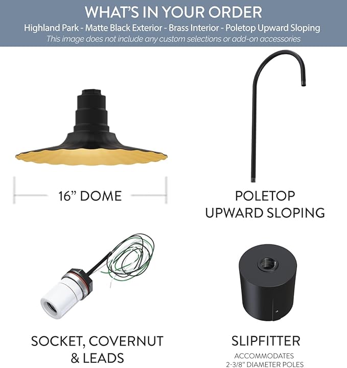 Steel Lighting Co. Highland Park Light | Pole Top Mounted | 16" Radial Wave | Upslope Gooseneck with Slip Fitter for 2-3/8" Standard Poles | Made in America | Matte Black Exterior/Brass Interior