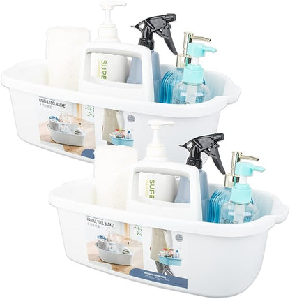 Large Cleaning Supplies Caddy Portable Shower Basket Supply Organizer with Handle Plastic Bucket Tool Storage for Bathroom, Bedroom, Kitchen, College Dorm, Garden, White 2 Pack