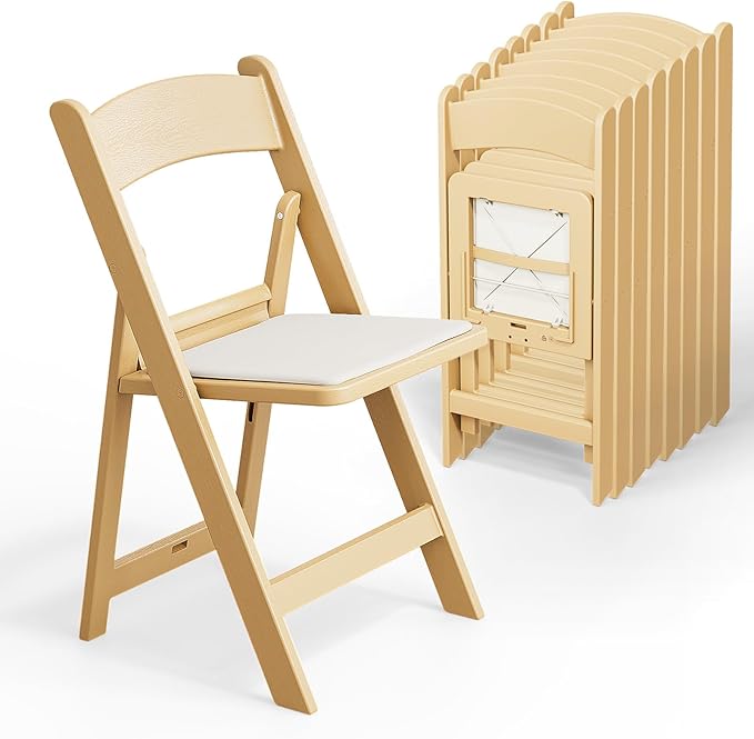 VINGLI Resin Folding Chairs with Cushion, Foldable Plastic Chair with Comfortable Padded Seats, Perfect for Event Party Indoor Outdoor, Natural, 8 PC