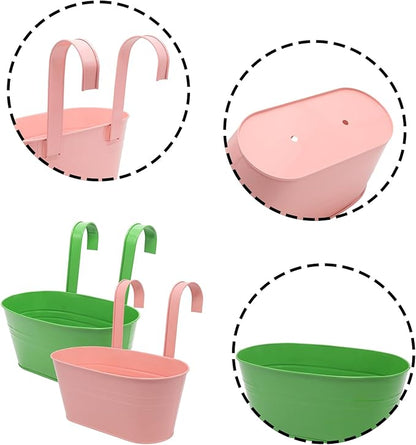Hanging Planters Set of 2 - Big Modern Green+Pink Outdoor Pots with Sturdy Hooks, Space-Saving Design for Patio, Garden, Balcony - Durable Weather-Resistant Plant Containers