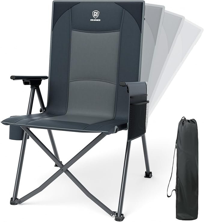 EVER ADVANCED Reclining Camping Chairs for Adult Lightweight, Folding Recliner Chair with Adjustable Back, 4-Level Lounge Chairs, Portable Lawn Chairs for Patio Balcony, Supports 350lbs Grey