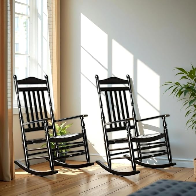 Rocking Chair Porch Rocker Set of 2 Outdoor Patio Furniture Comfy Wooden for Bistro Balcony Lawn Garden Backyard Outside, Black