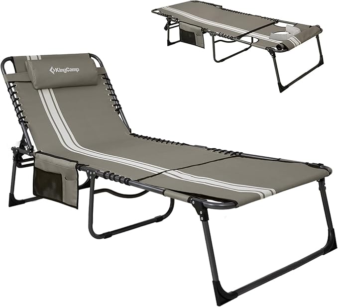 KingCamp Tanning Chair with Face Hole, Lounge Chairs Outdoor Folding Portable Comfy Adjustable 5-Position Lay Flat Foldable Chaise Chaser Lounger for Outside Beach Patio Sun Bathing Pool, Grey/White
