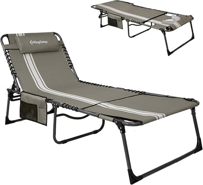 KingCamp Tanning Chair with Face Hole, Lounge Chairs Outdoor Folding Portable Comfy Adjustable 5-Position Lay Flat Foldable Chaise Chaser Lounger for Outside Beach Patio Sun Bathing Pool, Grey/White