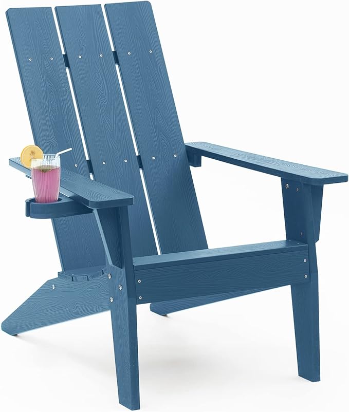 MXIMU Modern Adirondack Chair Weather Resistant with Cup Holder Oversized Fire Pit Chairs Adorondic Plastic Outdoor Chairs for Firepit Area Seating (Navy)