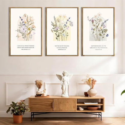 IARTTOP Large Christian Easter Wall Art Framed 16x24 Inch Set of 3 Floral Bible Verse Scripture Artwork Minimalist Botanical Religious Canvas Wall Decor for Church Living room Bedroom