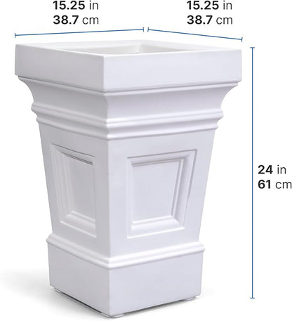 Step2 Atherton Square Planter, Large Planters for Outdoor Plants, Gardening and Flower Pot for Patio or Porch, Efficient Drainage, Durable Plastic, White, 2-Pack