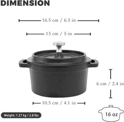 Flavehc Mini Cocotte 16 oz Pre-Seasoned Mini Dutch Oven 0.5 qt. Cast Iron Garlic Roaster for Oven Garlic Confit Pot Ramekins with Lids Oven Safe Set of 2