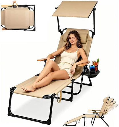 Beach Lounge Chair with Sun Shade, Folding Outdoor Chaise Lounge Chair with Arms, 4-Position Backrest, Extended Sun Tanning Chair Pillow & Cup Holder, Patio Lounger for Outside for Beach(Beige-U)