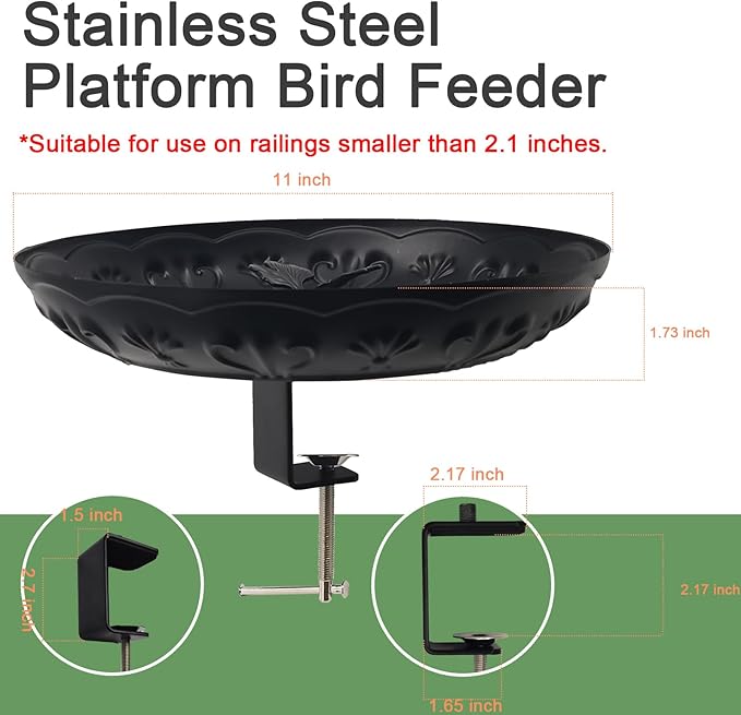 Deck Railing Bird Feeder Tray,Metal 11" Platform Bird Feeders Mesh Seed Tray for Outside/Balcony (Black-2 Pack)