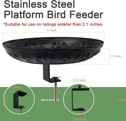 Deck Railing Bird Feeder Tray,Metal 11" Platform Bird Feeders Mesh Seed Tray for Outside/Balcony (Black-2 Pack)