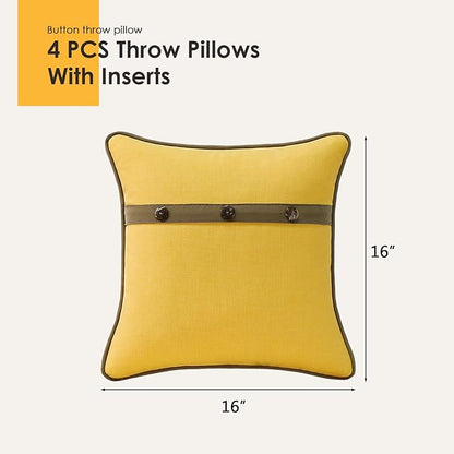 Outdoor Sunbrella Decorative Pillows with Triple Coconut Buttons Pack of 4, 16" x 16" Outdoor Pillow Set for Couch Bed Throw Patio Sofa, Spectrum Daffodil/Canvas Cocoa