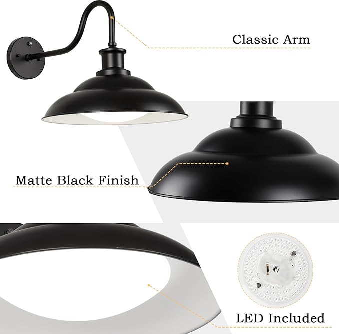 Dusk to Dawn Outdoor LED Barn Light, 16 Inch Large Farmhouse Exterior Wall Light Fixture with Adjustable Color Temperature, Modern Black White Porch Light Outside for House Garage Doorway